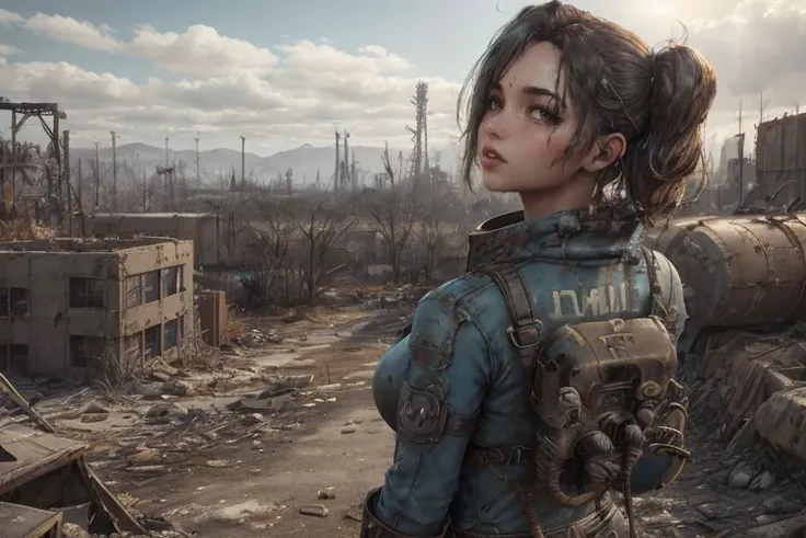 <lora:vaultsuit:0.45>, (fallout4, post apocalyptic world style). (in a destroyed factory), a girl with Fairy_SG hairs, wearing a vaultsuit, view from back, wide angle