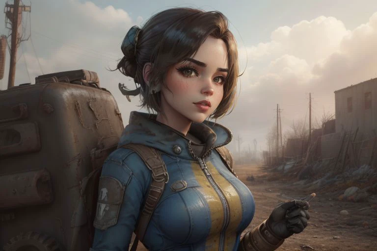 <lora:vaultsuit:0.45>, (fallout4, post apocalyptic style). solo, Fairy_SG girl wearing a (vaultsuit), looking anywhere except at the viewer, facing away