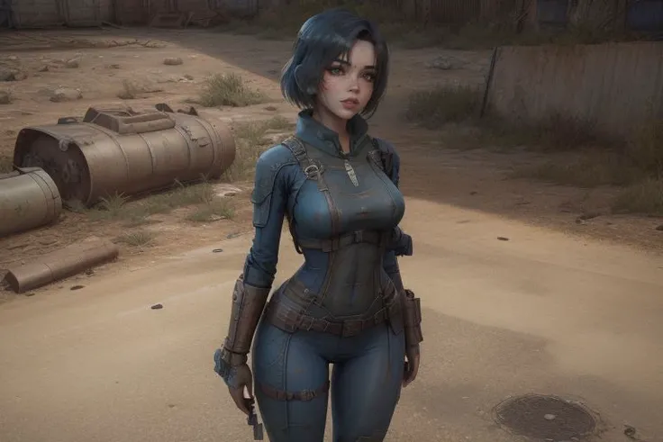 <lora:vaultsuit:0.45>, (fallout4, post apocalyptic style). solo, Fairy_SG girl wearing a vaultsuit, looking at scraps on ground