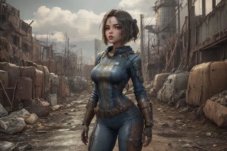 <lora:vaultsuit:0.45>, (fallout4, post apocalyptic world style). Fairy_SG girl, wearing a vaultsuit, in a destroyed factory room, machines, mechanics