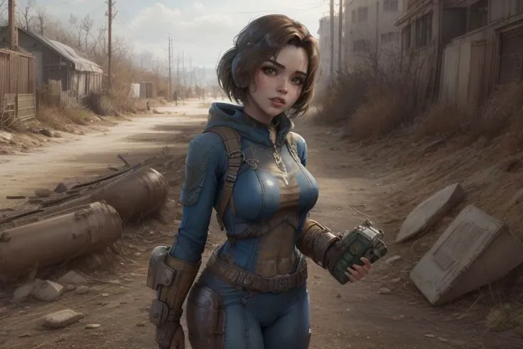 <lora:vaultsuit:0.45>, (fallout4, post apocalyptic style). solo, Fairy_SG girl wearing a (vaultsuit), looking at her hands