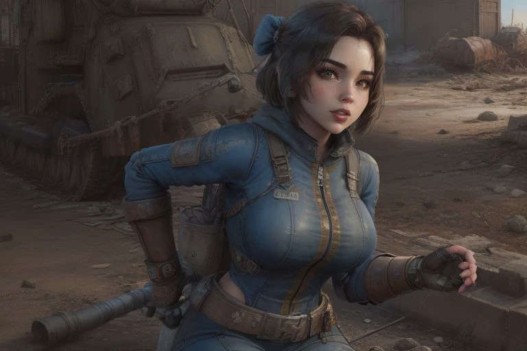 <lora:vaultsuit:0.45>, (fallout4, post apocalyptic style). solo, Fairy_SG girl wearing a (vaultsuit), looking at things