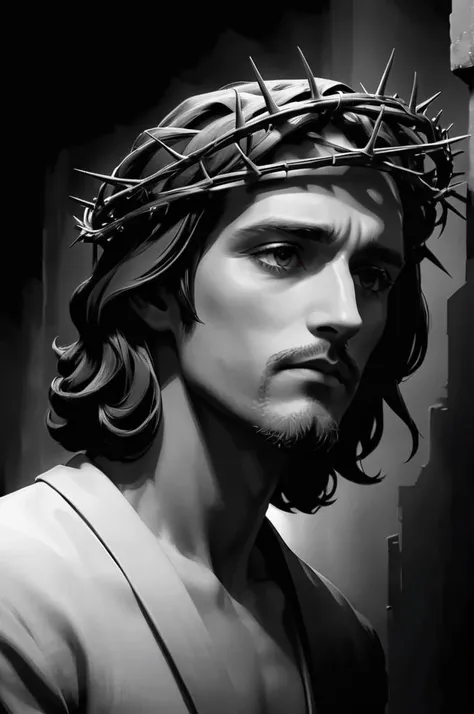 Film noir style (masterpiece) man wearing a <lora:CROWNOFTHORNS-000009:.75> crownofthorns wrapping around the head, scenic, masterpiece,
. Monochrome, high contrast, dramatic shadows, 1940s style, mysterious, cinematic