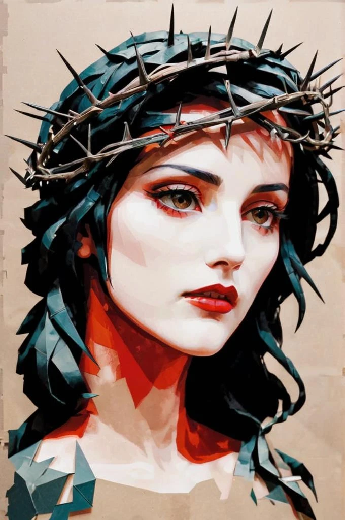 Papercut collage of (masterpiece) woman wearing a bloody <lora:CROWNOFTHORNS-000009:1> crownofthorns wrapping around the head, scenic, masterpiece,
. Mixed media, textured paper, overlapping, asymmetrical, abstract, vibrant