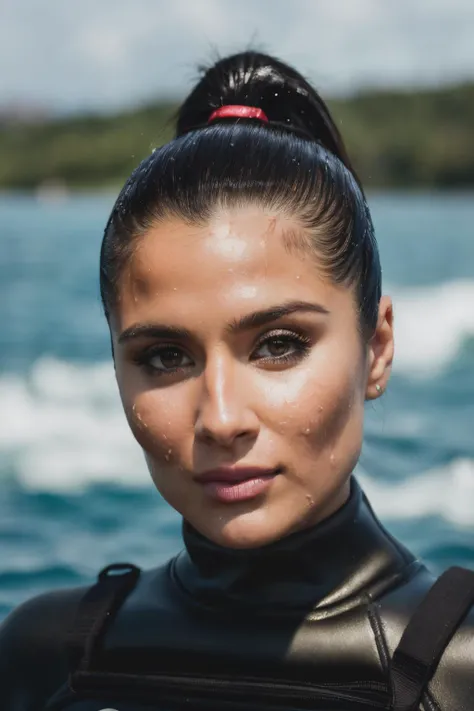RAW, real photo portrait, dgo , on a boat, (wearing a wet suit ), pretty face, insanely detailed eyes, black hair, high ponytail, bokeh, natural light, depth of field, golden hour, sharp focus,<lyco:DianeGuerrero-RealVision-V1.0:1.0>