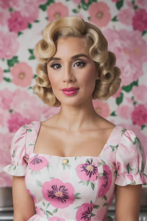 a up close photo of dgo wearing a milk maid dress, (pink floral milk maid dress), (upright pin curl hairstyle), (blonde hair), (kitchen background), elegant, highly detailed. vibrant, photorealistic, realistic, sharp focus, 8k,<lyco:DianeGuerrero-RealVision-V1.0:1.0>