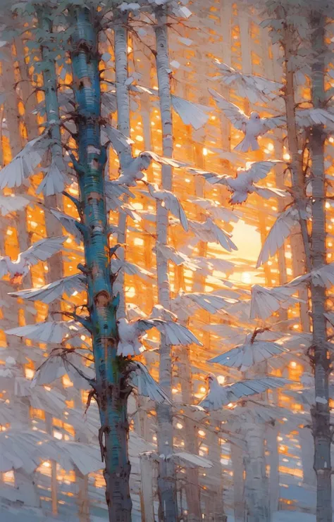 (no human:1.8), Winter, birch forest, snow, white mist, tree trunks, overhead perspectives, depth of field,sunset, bird ,super duper vistas, <lora:Oil painting stick_20230710133139:0.88>