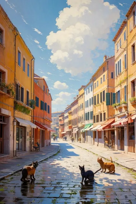 painting,city, Italian,city street,rome,cats on roof, dome,architecture, outdoor, sunny day, road, white clouds, distant view, depth of field,<lora:Oil painting stick_20230710133139:0.8>,