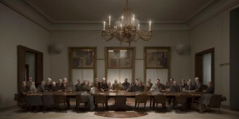 (best quality), (8K), Picture a scene reminiscent of 'The Last Supper', but set in a grey, Soviet-era Russian dining room, where a long table is surrounded by figures immersed in political discourse. Despite the room's austere appearance and the dirt on the ground, the atmosphere crackles with the intensity of debate and negotiation. Each figure, like a character in a Renaissance painting, exudes a sense of power and purpose, symbolizing the complex interplay of politics and power within the era(renaissance), (best quality), (old style) (oil painted)