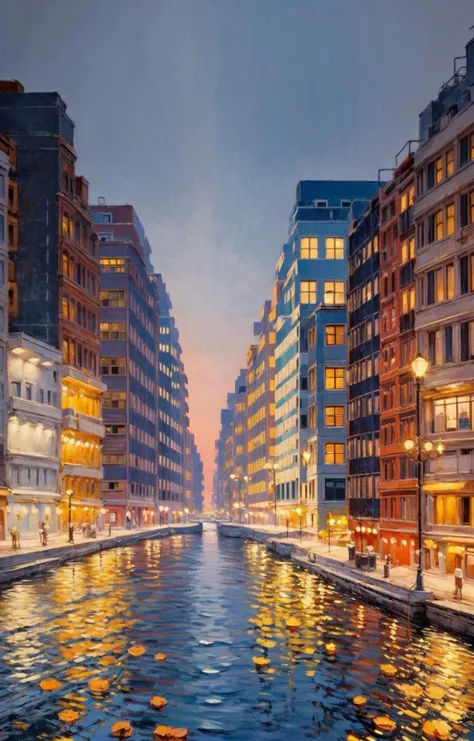 Buildings, Streets, Pedestrians, Streetlights, Cars, Distance, Depth of Field<lora:Oil painting stick_20230710133139:0.81>