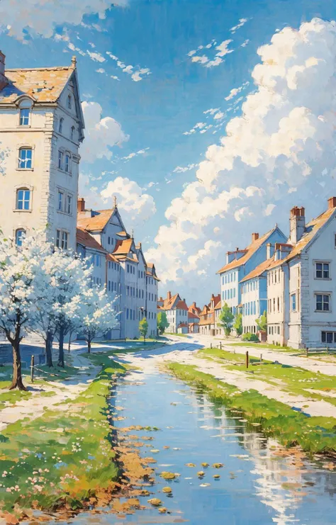 city, house,european architecture, outdoor, sunny day, road, white clouds, distant view, depth of field<lora:Oil painting stick_20230710133139:0.71>