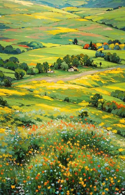 (no humans:1.8),Meadow, top view, yellow flowers, outdoors, wilderness, bird's eye view<lora:Oil painting stick_20230710133139:0.81>