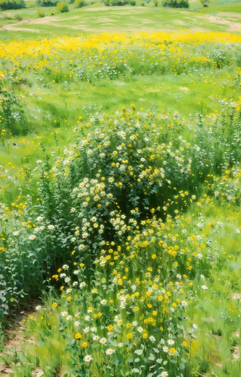 (no humans:1.8),Meadow, top view, yellow flowers, outdoors, wilderness, bird's eye view<lora:Oil painting stick_20230710133139:0.81>
