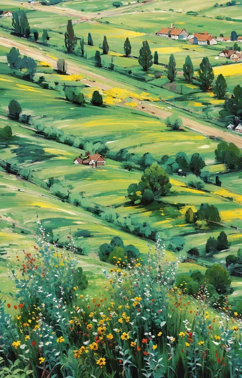 (no humans:1.8),Meadow, top view, yellow flowers, outdoors, wilderness, bird's eye view<lora:Oil painting stick_20230710133139:0.81>