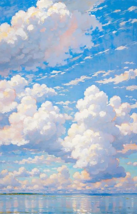 (no humans:1.8),pink cloud, sky, no humans, outdoors, scenery, cloudy sky, traditional media, horizon, blue sky, water, day, ocean, reflection, painting (medium)<lora:Oil painting stick_20230710133139:0.8>