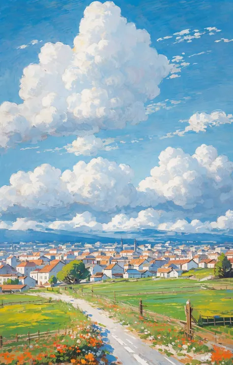 city, european architecture, outdoor, sunny day, road, white clouds, distant view, depth of field<lora:Oil painting stick_20230710133139:0.71>