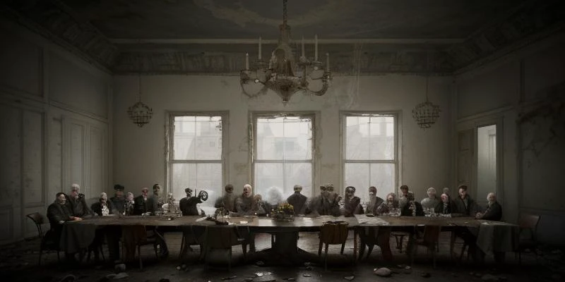 (best quality), (8K), In the style reminiscent of 'The Last Supper', envision a desolate tableau unfolding within a grey, Soviet-era Russian dining room, haunted by the specter of repression and poverty. The long table, surrounded by figures immersed in political discourse, stands as a symbol of power amidst decay. The room itself bears the scars of Soviet neglect, with peeling wallpaper, cracked ceilings, and dirt-strewn floors. Against this backdrop of destitution, the figures gather, their faces etched with the weight of hardship and struggle, reflecting the grim reality of life in the aftermath of repression. The scene is enveloped in a dark, heavy vignette, further emphasizing the somber mood and sense of isolation permeating the tableau, (renaissance), (best quality), (old style) (oil painted)