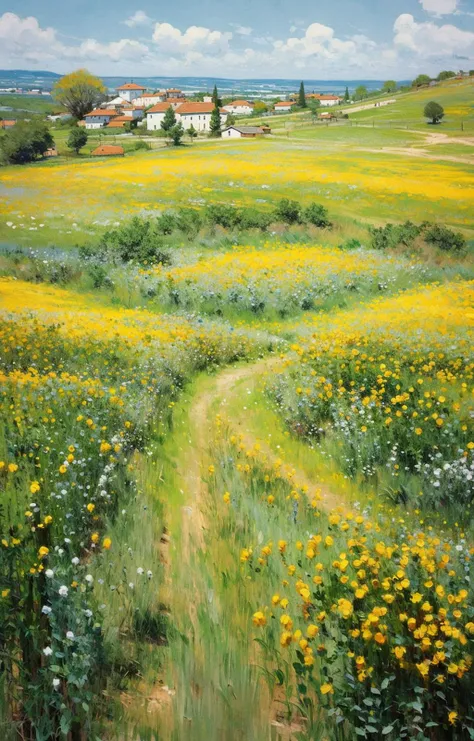 (no humans:1.8),Meadow, top view, yellow flowers, outdoors, wilderness, bird's eye view<lora:Oil painting stick_20230710133139:0.81>