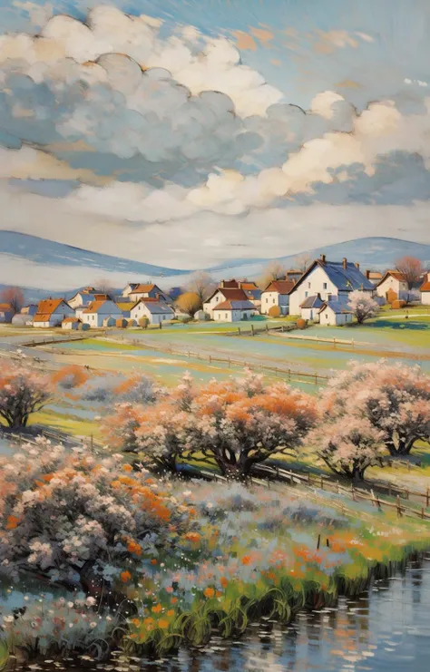 outdoors, no people, clouds, landscape, sky, trees, flowers, day, grass, houses, blue sky, sunny day, buildings, water, sunshine, (illustration:1.0), masterpiece, best quality, <lora:Oil painting stick_20230710133139:0.9>