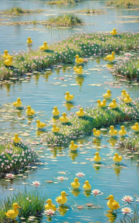 Lots of little yellow ducks, ponds, Monet's garden, lotus leaves, reeds, summer, breeze, coolness, water, bridges, water plants, small fish <lora:Oil painting stick_20230710133139:0.85>