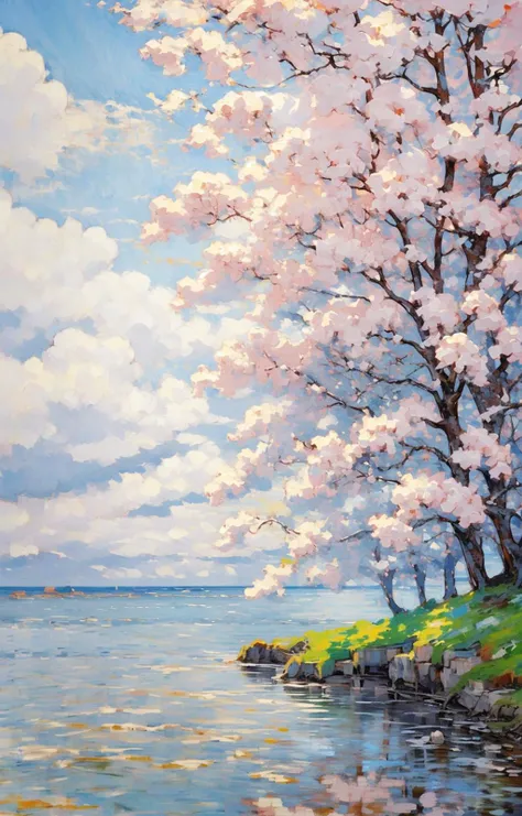 (no humans:1.8),pink cloud, sky, no humans, outdoors, scenery, cloudy sky, traditional media, horizon, blue sky, water, day, ocean, reflection, painting (medium)<lora:Oil painting stick_20230710133139:0.8>