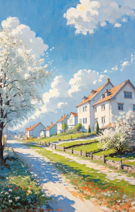 city, house,european architecture, outdoor, sunny day, road, white clouds, distant view, depth of field<lora:Oil painting stick_20230710133139:0.71>