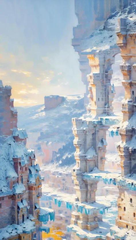 winter,ice, ice castles, ice world, ice, snow, snowflakes, ice animals, ice buildings, panorama, spectacular, superb shots, vistas, super vistas, (illustration:1.0), masterpiece, best quality, <lora:Oil painting stick_20230710133139:0.8>