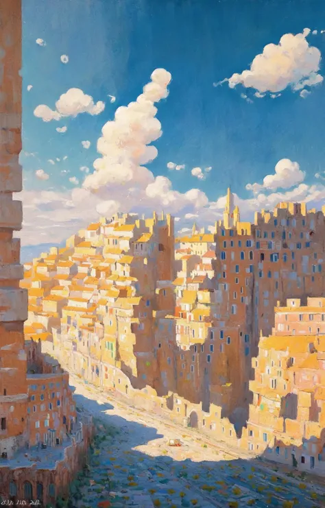 painting,city, Italian,city street,rome,cats on roof, dome,architecture,plants,holiday, outdoor, sunny day, road, white clouds, distant view, depth of field<lora:Oil painting stick_20230710133139:0.71>
