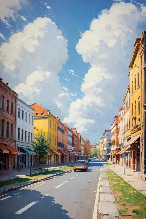 city,european architecture,outdoor,sunny day,road,white clouds,distant view,depth of field,<lora:Oil painting stick_20230710133139:0.8>,