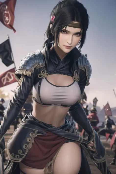 Standing in front of a group of people in armor ,in a field with flags in the background,a line of red flags and a building,
red outfit,shoulder_armor,armor,armored dress, armored boots,red_cape,high_collar,a helmet on her head,
<lora:Sengoku_Conquerors_Blade-KK77-V1:0.7>,holding_weapon,katana,realistic, thighhighs,,
bangs,black_hair,brown_eyes,short_hair,turtleneck,
1 girl, 20yo,mature female,Beautiful Finger,Beautiful long legs,Beautiful body,Beautiful Nose,Beautiful character design, perfect eyes, perfect face,
looking at viewer, 
NSFW,official art,extremely detailed CG unity 8k wallpaper, perfect lighting,Colorful, Bright_Front_face_Lighting,
(masterpiece:1.0),(best_quality:1.0), ultra high res,4K,ultra-detailed,
photography, 8K, HDR, highres, absurdres:1.2, Kodak portra 400, film grain, blurry background, bokeh:1.2, lens flare, (vibrant_color:1.2)
(Beautiful,large_Breasts:1.4), (beautiful_face:1.5),(narrow_waist),