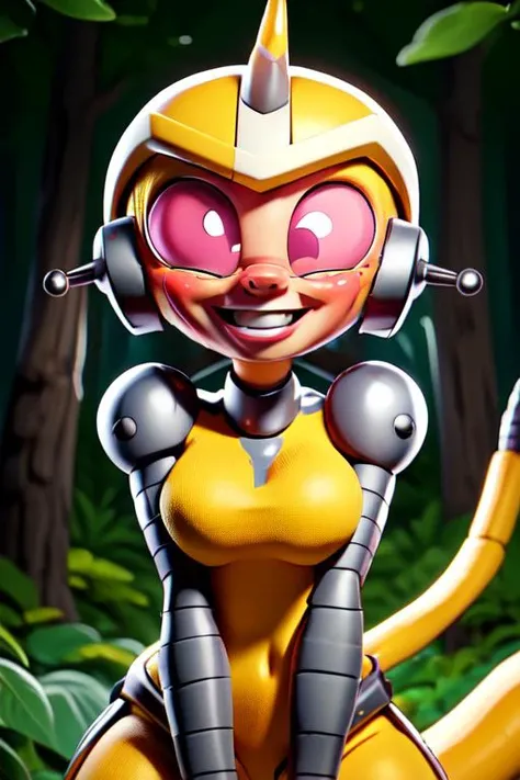 NovaMonkey, pink eyes, single horn, helmet, mechanical tail, white and yellow armor, solo, cowboy shot, mechanical arms, happy,
cartoon, forest,
(insanely detailed, beautiful detailed face, masterpiece, best quality) <lora:NovaMonkey-10:0.8>