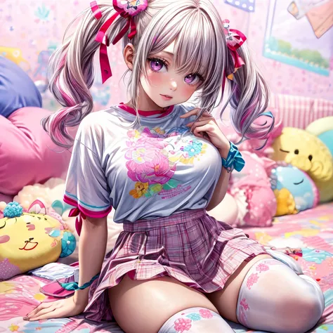 (masterpiece,ultra-detailed,best quality,8K,illustration:1.0),(girl:1) <lora:more_details:1>,cute face,middle breasts
 <lora:n jyojifuku v1.1:0.6> jyojifuku,print shirt, skirt, twintails,white thighhighs,hair ornament,ribbon,pastel color clothes,backpack