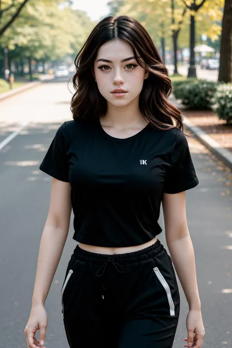 photo of (futurahannahowo9030v5:0.99), a woman, (((walking in a park))), modelshoot style, (extremely detailed CG unity 8k wallpaper), photo of the most beautiful artwork in the world, professional majestic (photography by Steve McCurry), 8k uhd, dslr, soft lighting, high quality, film grain, Fujifilm XT3 sharp focus, f 5.6, High Detail, Sharp focus, dramatic, (((wearing a black t-shirt, track pants))), (looking at viewer:1.2), (detailed pupils:1.3), (natural light), (((medium-long shot:1.2)))