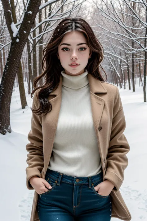 photo of (futurahannahowo9030v5:0.99), a woman, (((walking in a winter_forest))), (((snow))), modelshoot style, (extremely detailed CG unity 8k wallpaper), photo of the most beautiful artwork in the world, professional majestic (photography by Steve McCurry), 8k uhd, dslr, soft lighting, high quality, film grain, Fujifilm XT3 sharp focus, f 5.6, High Detail, Sharp focus, dramatic, (wearing a turtleneck sweater), (((wearing a winter_coat))), ((wearing jeans_pants)), (looking at viewer:1.2), (detailed pupils:1.3), (natural light), (((medium-long shot:1.2)))