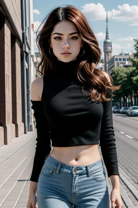 photo of (futurahannahowo9030v5:0.99), a woman, (((walking in berlin))), modelshoot style, (extremely detailed CG unity 8k wallpaper), photo of the most beautiful artwork in the world, professional majestic (photography by Steve McCurry), 8k uhd, dslr, soft lighting, high quality, film grain, Fujifilm XT3 sharp focus, f 5.6, High Detail, Sharp focus, dramatic, ((wearing a turtleneck croptop)), ((blue jeans pants)), (looking at viewer:1.2), (detailed pupils:1.3), (natural light), (((medium-long shot:1.2)))
