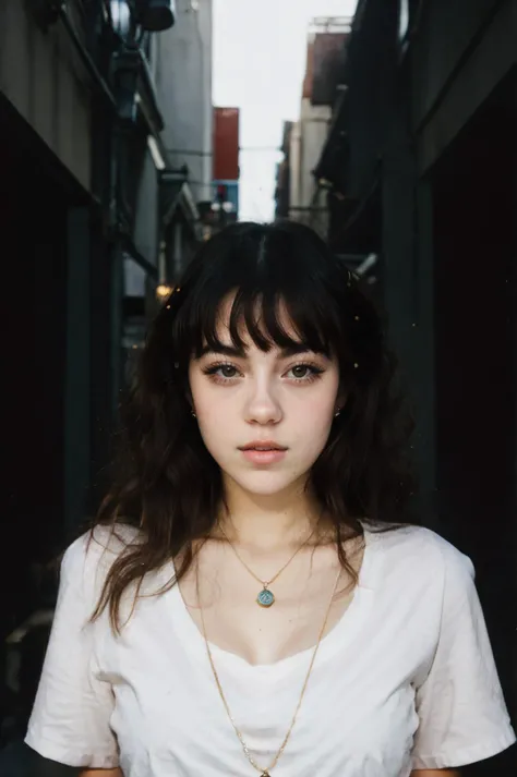 (closeup) Portrait of pretty young (18-year-old) Caucasian (futurahannahowov5-9030:1.1) ((Seductive gaze, one hand lightly touching the face, alluring and captivating.:1.07)), (flat chest:1.15), outdoor, BREAK (ginger Glamorous Curls: Bouncy and voluminous curls that add a touch of elegance to any ensemble.), no makeup, long dainty necklace, (( and (t shirt:1.2))) , <lora:epi_noiseoffset2:1> BREAK (magazine cover:1.10), BREAK (masterpiece, extremely detailed skin, photorealistic, heavy shadow, dramatic and cinematic lighting, key light, fill light), sharp focus, BREAK location is (outdoor Kyoto, Japan), <lora:InstantPhotoX3:0.7>