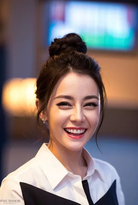 <lora:reba4:0.87:lbw=1,0,0,0,1,1,0,0,1,1,1,1,1,1,1,1,1>reba face,reba body,(good hands,perfect hands),
1girl, solo,PHOTOREALISTIC REALISTIC,masterpiece,best quality,highres,ultra detailed,8k,1woman,looking at viewer,grin,(unlit dark night),
(grin:1.35),smile,(dress:1.46),open mouth,
reba body, reba face, 1girl, solo, blurry, open mouth, long hair, realistic, black hair, blurry background, braid, looking at viewer, shirt, closed eyes, upper body, white shirt, teeth, smile, hair bun, grin, badge, button badge, expression,
(8k, RAW photo, best quality, masterpiece:1.2), (realistic, photo-realistic:1.55), (ultra-detailed:1.34), highres,
(pov:1.35)