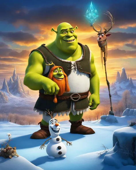 Shrek and Olaf on a frozen field but the old gods are rising  <lora:Old_gods_rising_SDXL:0.8>