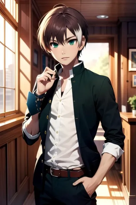 masterpiece, best quality, game cg, 1boy, solo, male focus, looking at viewer, , , , , <lora:akatsuki_iride:0.72>, akatsuki_iride, brown hair, green eyes, multicolored hair, white hair, , aztec, HD-DVD