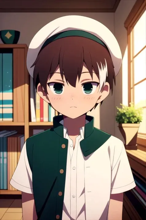 masterpiece, best quality, illustration, 1boy, solo, male focus, looking at viewer, , depth of field, , , <lora:akatsuki_iride:0.70>, akatsuki_iride, brown hair, green eyes, multicolored hair, white hair, , cloche hat, otaku room,