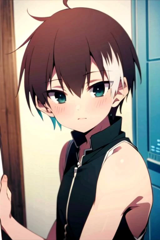 Highres, Masterpiece, Best quality at best,Best Quality,hight quality, hight detailed, Anime style, 1boy, Shota, young boy,  hair between eyes,brown hair, blue eye, slim body,  gag harness, muzzle, gagged, look at viewer,  from the front, (very young boy), (very small and short body), simple beckground, cute boy, Uhd, bokeh, sweat
