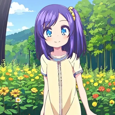 1 girl, Kanae Kouda, medium length straight purple hair, blue eyes, yellow scrunchie, 3/4 view face, not looking at viewer, smiling, closed mouth, half up and half down hairstyle with a side ponytail, cute colorful dress with ruffles, outdoors, nature, flowers, standing, full body shot <lora:Squeezer2:1>, <lora:Kanae_Kouda V1:1>