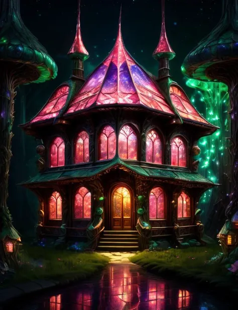 ((best quality)), ((masterpiece)), ((realistic,digital art)), (hyper detailed), Enchanted Inn of the Traveler, Timber,Concrete, Glow-in-the-Dark Insects, In-Ground Well Lights, <lora:Bl00m1ngF41ry-000009:1.0>