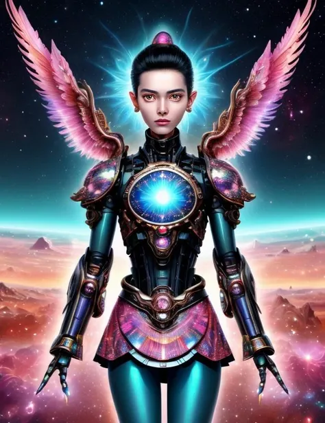 ((best quality)), ((masterpiece)), ((realistic,digital art)), (hyper detailed), Bl00m1ngF41ry female Bioprinting specialist, Solar phoenixes- Celestial birds adorned with fiery plumage and radiant solar patterns., Twenty-something, Lanky, Maori, Hazel eyes, Stretched Ears, Snub Nose, Receding Chin,  Full Cheeks, Unusual Forehead, Diamond face shape, Well-defined Collar Bone, Thin lips, Black Layered haircut hair, Disapproval, Striking a pose after emerging from a time machine.,  wearing  Holographic Skater Skirt,  Cyber-silk Camisole, Bionic Knee-high Boots, , , Looking out with wonder and curiosity at vast cosmic landscapes.,  <lora:Bl00m1ngF41ry-000009:1.0>