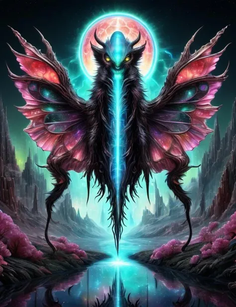 ((best quality)), ((masterpiece)), ((realistic,digital art)), (hyper detailed), Bl00m1ngF41ry Medium Bioluminescent Extraterrestrial Spacious Arachnid, Clawed Appendages, Multi-Tailed, Forked-Tailed, Shaggy Fur, Rounded Ears, Demonic Wings,, <lora:Bl00m1ngF41ry-000009:1.0>