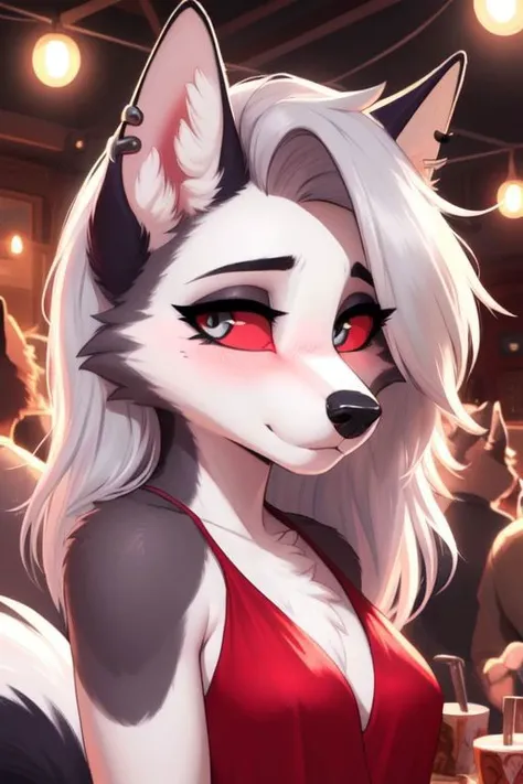 (Loona_Helluvaboss:1.2), (hellhound:1.2), (fluffy:1.2), (anthro:1.2), (furry:1.2), (female), (SFW:1.1), (clothed:1.1), (red casual dress:1.1), (pentagram logo:1.1), (tail:1.2), (bashful:1.8), (blush:1.4), (looking away:1.1), (detailed eyes:1.3), (red sclera:1.1), (silver iris:1.1), (pupils:1.2), (detailed face:1.4), (properly generated face:1.1), (detailed photo:1.4), (detailed fur:1.2), (clear face:1.2), (high quality:1.4), (beautiful artwork:1.4), (sharp:1.1), (e621 post), (posted on e621), (focused photo:1.1), (high resolution:1.4), (party scene), (Traditional Media:1.2), (Digital Media:1.2), (Amazing Artwork:1.1), (intricate details:1.2), (high definition:1.4), (clear photo:1.2), (RAW, 4K, 8K), (detailed portrait:1.2), (closeup:1.2), (solo:1.1), (solo focus:1.1), score_9, score_8_up, score_7_up, score_6_up, score_5_up,score_4_up