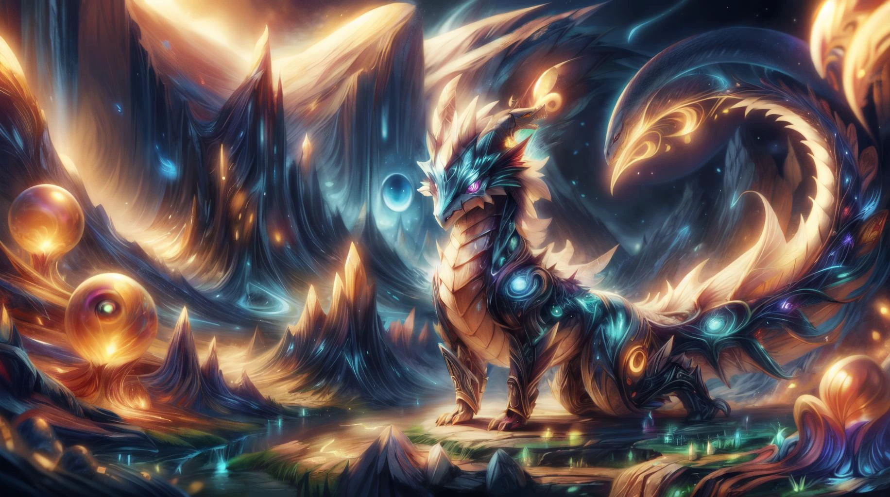 (masterpiece, best quality, fullscreen), [(full body:1.3)::0.3] portrait (photo of a microbian [magical being:creature:0.2]:1.5), <lora:EYES dragon-eye-ff-style-darquelilly-v1.safetensors:0.4> (deffstyle, dragon eye fireflies:1.3), (Glowing raw skin:1.2), (many Minimalist fleshy Feathered Appendages:1.1), (human form with colored Tail:1), <lora:EFFECT R4mh0rns:0.3> (R4mh0rns,curled horns,sheep horns0.9), <lora:EFFECT Concept - Blood Magic:0.2> (bloodmagic, swirling blood, blood, MAGIC:1.2), <lora:EFFECT FaeTech-30.safetensors:0.5> (faetech, pixie dust, iridescent:1), <lora:MONSTER fenrir2023:0.5> (fenrir2023:1.1), <lora:BACKGROUND Blazing_Spore_Calderas.safetensors:0.5> , <lora:EFFECT Gloomifier_V2_TheGlow:0.4>, (shiny and glowing lighting:1.3), , (look at the viewer:1.1), , <lora:EFFECT GlowingRunesAIv4-000005.safetensors:0.3> (GlowingRunes_yellow:1.2), (Full body Shot, Shallow Focus Shot, Low Angle Shot:[1.2:0.5:0.1]), <lora:LIGHT epi_noiseoffset2:0.4>, <lora:QUALITY PotatEnhancer_V1_6:0.4>, <lora:QUALITY BG2_dpep4+silicon29dim64:0.4>, heavily detailed, stygical, (asymmetric composition:1.6), (sharp focus), <lora:EFFECT Magic card fakemtg_label:1> fakemtg, <lora:BUILDING German_architecture_last:0.6>, (no humans), (embedding:VIEW_Style-DoF), xtremely detailed, sublimely detailed, extremely high detail, trending on ArtStation, photograph2, OctaneRender2, photorealism8K3, depth of field, blur10