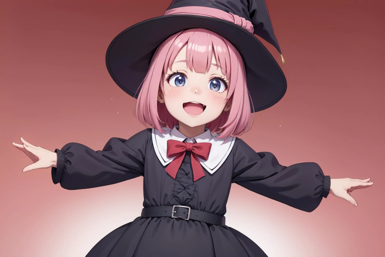 masterpiece,(best quality, high quality, highres:1.2), a woman in a witches hat and black dress with lights behind her and a pink background with a starburst, blurry, depth_of_field, facing_viewer, red_background, red_sky, smile, solo, bloodborne, a hologram, magical realism, (flat_color:1.1), (anime_coloring:1.1), (realistic_nose:-0.8),(megami magazine:1.1), open hands, pink hair