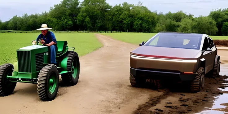 photo of a farmer driving green antique  farm tractor driving past  rusty tesla cybertruck stuck in a mud puddle  <lora:Tesla Cybertruck:.8>