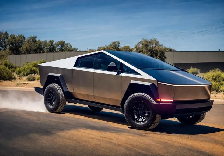 <lora:Tesla Cybertruck:0.9>,Tesla Cybertruck,Cyber ââpickup truck speeding on the highway, with cyberpunk graffiti on the body, bright and colorful background, neon lights at night,[LEDs:1.1],[lights],RTX reflections,water puddles,tyre smoke,